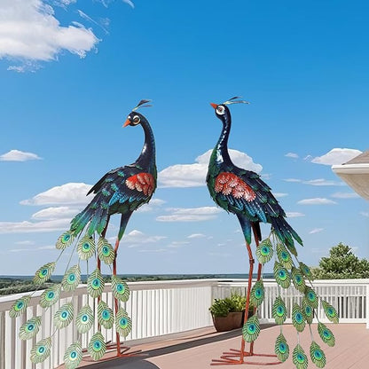 chisheen Garden Decor Outdoor Statues, Metal Peacock Decor for Outside, Garden Art Sculptures Standing for Patio Yard Lawn Home Decorations, Set of 2
