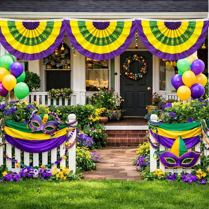 4Pack Graduation Decorations & Mardi Gras 2x4Ft Bunting Flag Purple Green Gold Bunting Banner Party Decor for Fence Porch Outdoor, Class of 2026 Graduation Party Supplies