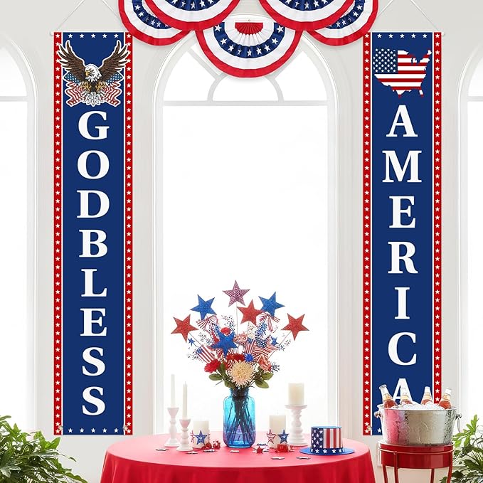 4th of July Decorations - Fourth of July Decorations - Patriotic Porch Signs Banners for Front Door - 2 Pack Hanging Flags for Independence Day 1776-2026 250th US Birthday Indoor Outdoor Decor