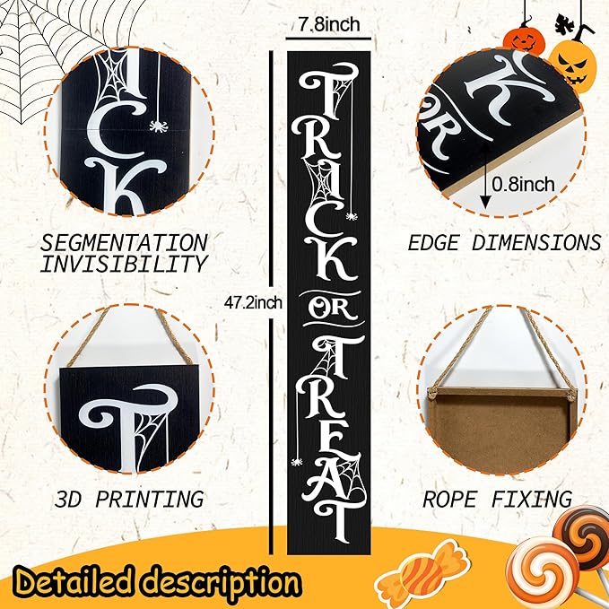 Halloween Porch Sign Decor "Trick or Treat" Wooden Hanging Sign Door Porch Standing Decorative Signs for Front Door Farmhouse Outdoor Indoor Welcome Sign Wall Craft Decor 47.2"H