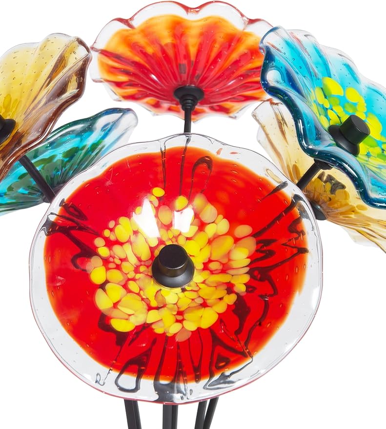 Dale Tiffany AS23099 Fiore Bloom Hand Blown Glass Flower Art Glass Sculpture with Metal Stand for Indoor Garden Patio Decoration, Multi Color, 6-Plate 26" Tall
