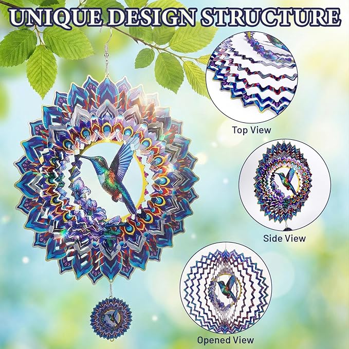 Hummingbird Mandala Wind Spinner, IDEA SHOW 10In 3D Kinetic Metal Wind Spinners, Hummingbird Gift for Women, Mom, Garden & Yard Decor Outdoor/Indoor Decoration, Dynamic Art Hanging Sculpture (10In)