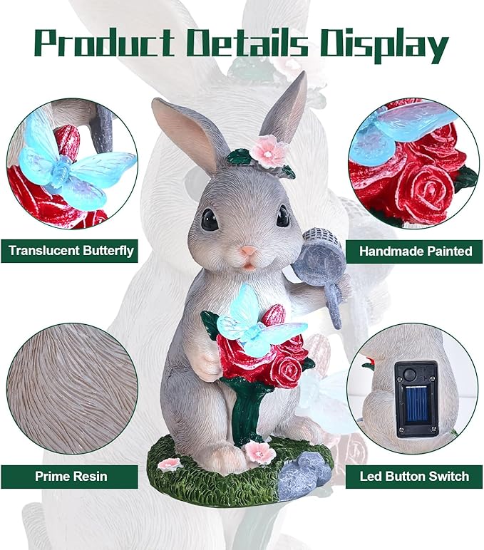 Garden Statues Rabbit with Solar Light,Bunny Outdoor Garden Decor Ornaments for Patio Yard Art,Birthday Gift Easter House Warming Garden for Women Mom,Resin Animal Figurine with Wider Base