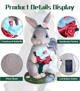 Garden Statues Rabbit with Solar Light,Bunny Outdoor Garden Decor Ornaments for Patio Yard Art,Birthday Gift Easter House Warming Garden for Women Mom,Resin Animal Figurine with Wider Base