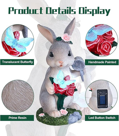 Garden Statues Rabbit with Solar Light,Bunny Outdoor Garden Decor Ornaments for Patio Yard Art,Birthday Gift Easter House Warming Garden for Women Mom,Resin Animal Figurine with Wider Base