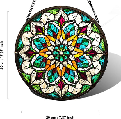 Bohemian Mandala Stained Glass Window Hanging Sun Catcher Indoor Outdoor Home Garden Panel Hangings Gift for Kits Adults (Green)