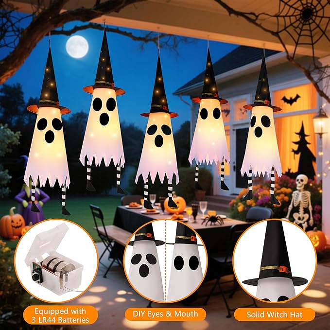 FENELY 3 Packs 38" Halloween Hanging Lighted Glowing Ghosts with Witch Hat and Foot, Outdoor Indoor Decorations for Home Party Yard Patio Garden Tree