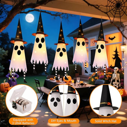 FENELY 3 Packs 38" Halloween Hanging Lighted Glowing Ghosts with Witch Hat and Foot, Outdoor Indoor Decorations for Home Party Yard Patio Garden Tree