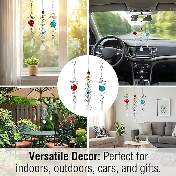 3pc Gazing Ball Spiral Tail Wind Spinner with Crystal Suncatcher Prism Rainbow Maker Hanging Ornament for Window Garden Yard Decorative Indoor Outdoor Home Decor Car Mirror Accessory