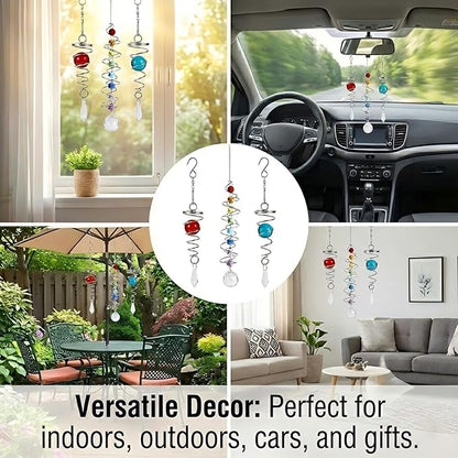 3pc Gazing Ball Spiral Tail Wind Spinner with Crystal Suncatcher Prism Rainbow Maker Hanging Ornament for Window Garden Yard Decorative Indoor Outdoor Home Decor Car Mirror Accessory