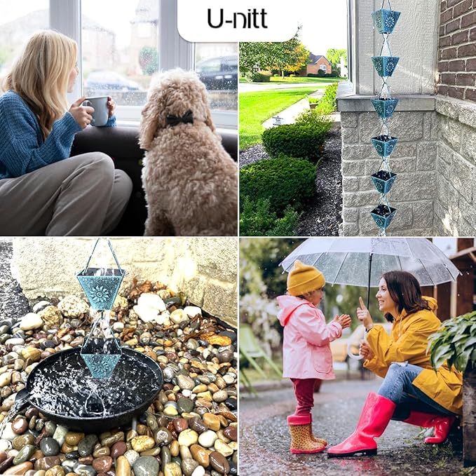 U-nitt Rain Chain Water Collection for Gutters Rainwater Catcher & Diverter, 8.5 FT Chains for Outside Garden Patina Square Cups, Roof Downspout, Works with Heavy Rain, w/ Gutter Clip for Rainchains