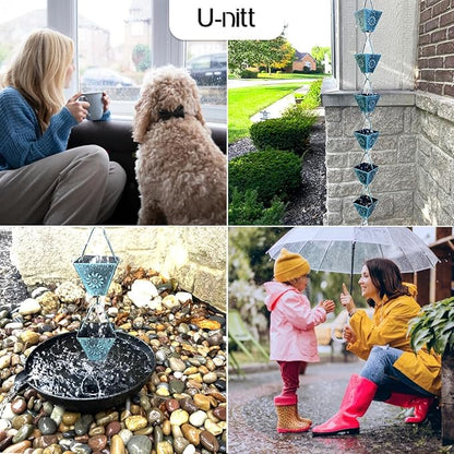 U-nitt Rain Chain Water Collection for Gutters Rainwater Catcher & Diverter, 8.5 FT Chains for Outside Garden Patina Square Cups, Roof Downspout, Works with Heavy Rain, w/ Gutter Clip for Rainchains