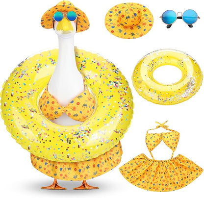 Abbylike Summer Bikini Porch Goose Outfits Yellow Bikini Hawaiian Goose Costume Clothes with Swimsuit, Swim Ring, Sun Hat, Sunglasses Fits Large 23'' Cement for Garden Yard Statue Lawn Art Decoration