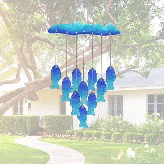 Sea Glass Fish Wind Chimes for Outside, Windchimes Outdoors Unique, Patio Beach Outdoor Home Garden Decor, Windchimes Outdoors, Memorial Garden Christmas Decoration Gifts