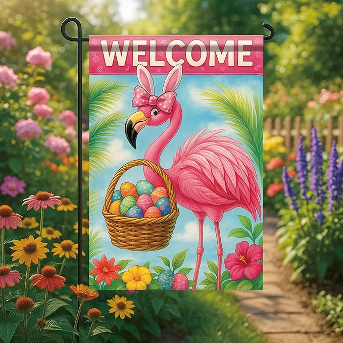 Spring Easter Garden Flag 12x18 Inch Flamingo Bunny Welcome Egg Basket Tropical Floral Design Outdoor Yard Porch Lawn Garden for Seasonal Farmhouse Home Decor