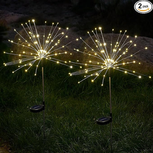Solar Lights Outdoor, 2 Pack Solar Firework Lights Outdoor – 150 LED, 8 Modes, IP65 Waterproof Garden Pathway Decor | Warm White Solar Powered Stake for Yard, Patio, Easter & Holiday Decoration