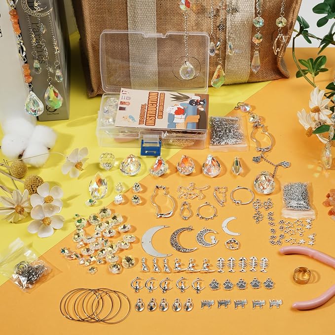 DIY Suncatchers, 450 pcs Sun Catchers Making Supplies Kit Art and Crafts for Adults Prism Hanging Decorative Suncatcher with Crystals Rainbow Maker for Indoor Windows Office Home Decor (Cat)