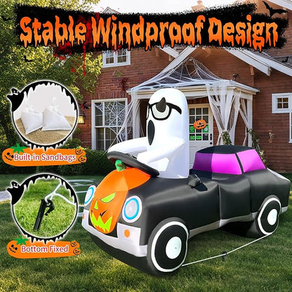 2025 Halloween Inflatables Monster Truck 8FT Long Ghost Driving a Pumpkin Car Inflatable Decor Outdoor with Build-in 12 Lights Car Blow Up Yard Decorations Cute Ghost Car BlowUp for Party Garden Lawn
