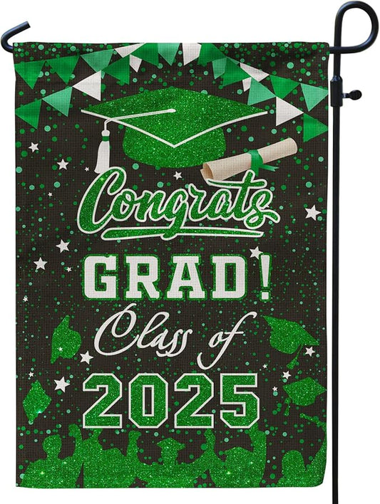 Graduation Garden Flag Class of 2025, Green Congrats Grade Flag for Outside Party Hanging Decorations 12x18 Inch Burlap