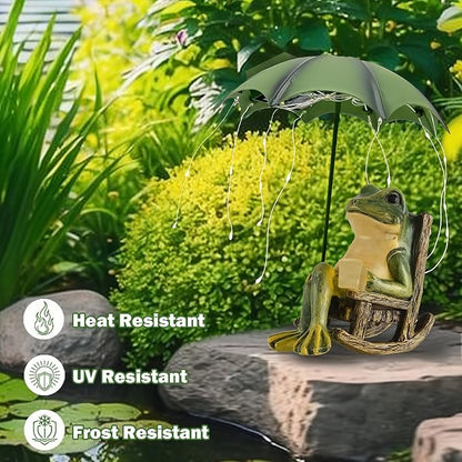 Solar Frog Garden Decor, Waterproof Resin Sitting Frog Statue with Umbrella & LED String Lights, Outdoor Fairy Garden Figurine for Patio Yard Lawn Ornament, Housewarming Gift for Women Mom