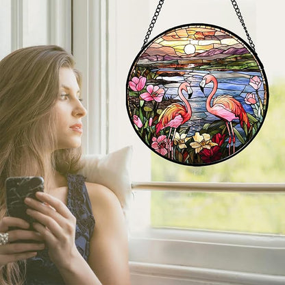 Stained Glass Window Hanging - Flamingo Wildflowers Landscape Suncatcher for Door Terrace Garden Home Decor Sunset Lake Sun Catcher Birthday Gifts for Lovers Women Men Dad Mom Nana 9.8 in