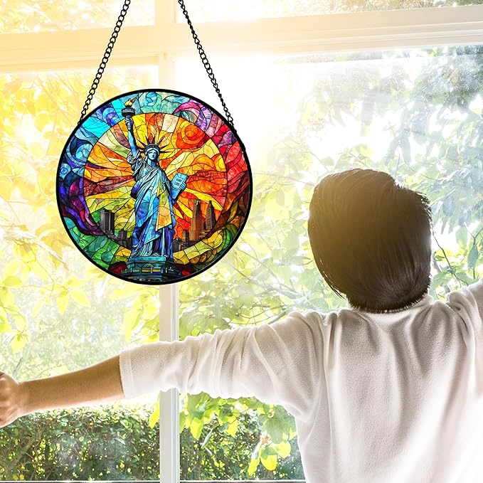 DASTOLL Stained Glass Window Hanging, Statue of Liberty Sun Catchers Diamond Glass Panel Hangings Suncatcher Decor for Birthday for Women, Men, Wife, Aunt, and Mom 9.8x9.8 in