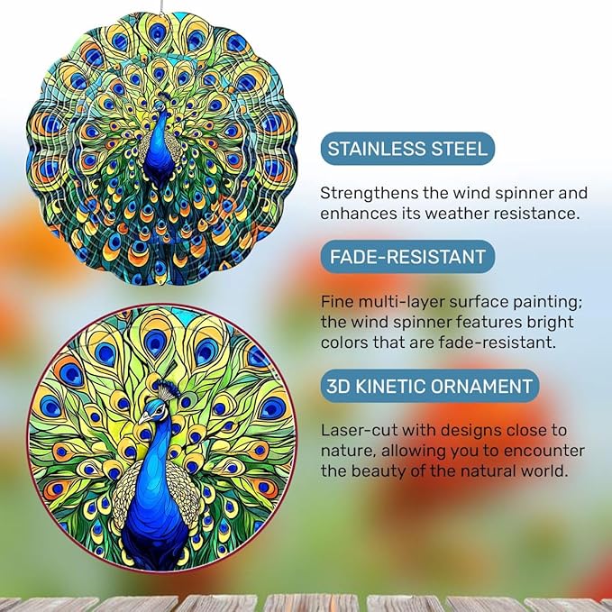 GENANY Peacock Hanging Wind Spinners for Women Men, 12 Inch Metal 3D, Stainless Steel Hanging Wind Catchers Sculpture for Outside, Spring Decoration Garden, Unique Gift