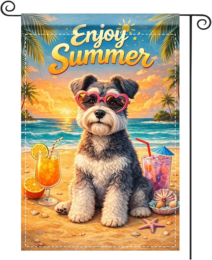 Nuxovilar Summer Garden Flag Enjoy Summer Dog Heart Glasses Sunset Pattern Polyester 12x18 Inches Garden Flags for Outside Seaside Decor Yard Porch