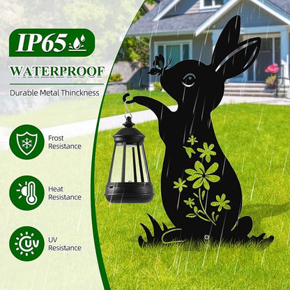 Bunny Solar Garden Stakes, Rabbit Silhouette Decorative with Solar Lantern, Metal Garden Easter Decoration for Yard,Lawn,Pathway