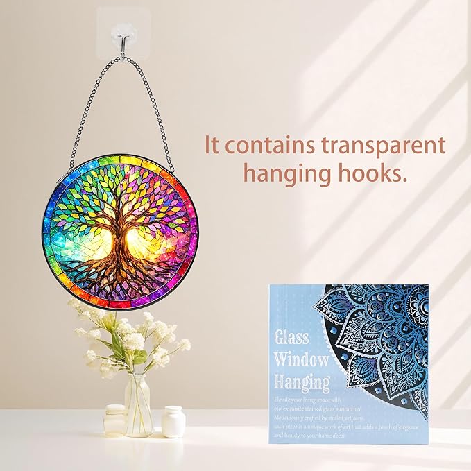 Tree Stained Glass Suncatcher, 8" Round Tree Window Hanging with Metal Chain, Colorful Decorative Glass Art for Home Garden, Gift for Mom and Grandma