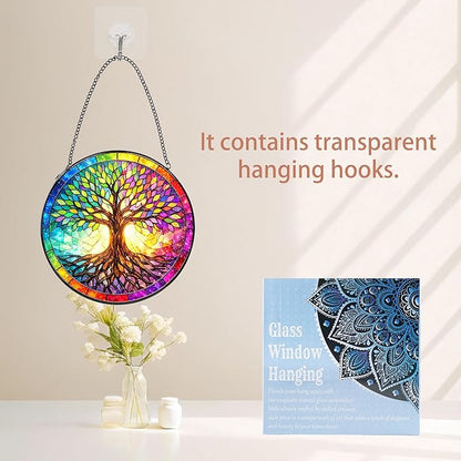 Tree Stained Glass Suncatcher, 8" Round Tree Window Hanging with Metal Chain, Colorful Decorative Glass Art for Home Garden, Gift for Mom and Grandma