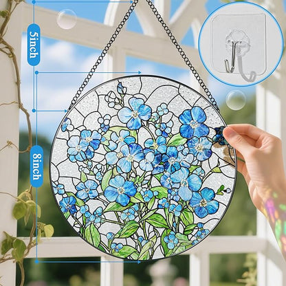 Stained Glass Window Hanging, 8 Inch Forget Me Not Stained Glass Suncatcher, Window Hanging Decor, Flower Sun Catchers, Gifts for Flower Lover, Birthday Gifts for Lover, Friend, Family, Teacher