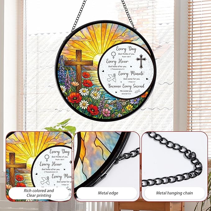 Rngmsi Stained Glass Window Hanging, 7.8″ The Cross and Scripture Sun Catchers Indoor Window Decor, Christ Suncatchers Hanging Ornaments Home Garden Art Easter Gift for Housewarming