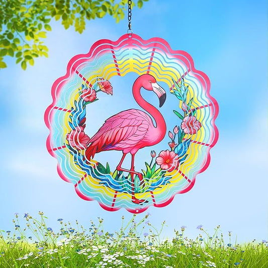Flamingo Metal Wind Spinners Gifts for Women Mom Grandma Friends Hanging Wind Spinner Garden Decorations 12 inch 3D Kinetic Sculpture for Lndoor Spring Outdoor Decor House Yard Art Decorations