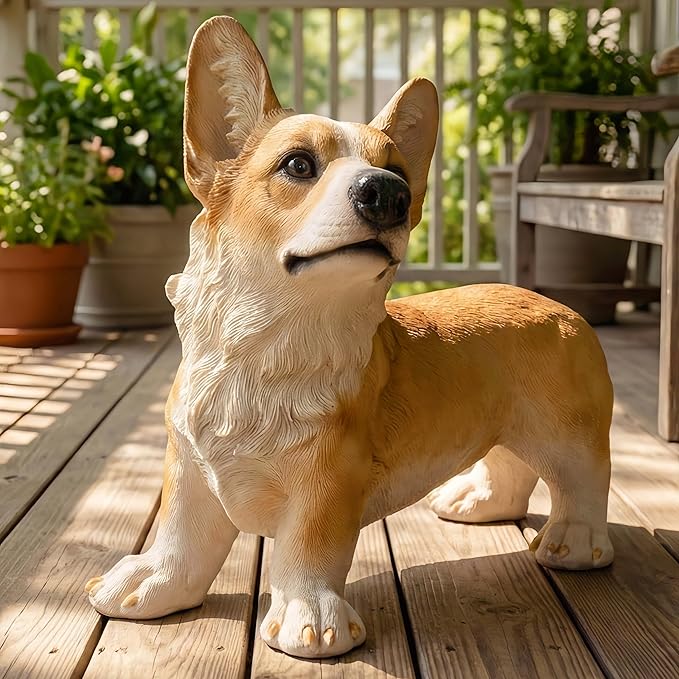 Charming Realistic Welsh Corgi Dog Statue | Realistic Animal Statues, Real Dog Statue Ornaments Perfect for Indoor & Outdoor Pet Decor - Home, Garden, Porch, Patio Accent