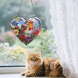 Heart-Shaped Robin Bird Stained Glass Window Hanging, 9.8'' Colorful Flower Sun Catcher Glass Panel Decor with Chain, Handcrafted Sun Catcher Gifts for Mom Wife Birds Lovers (Bird & Flower)