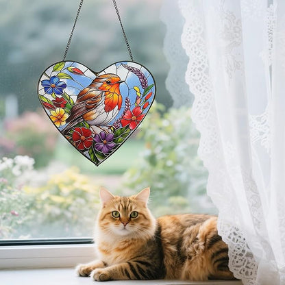 Heart-Shaped Robin Bird Stained Glass Window Hanging, 9.8'' Colorful Flower Sun Catcher Glass Panel Decor with Chain, Handcrafted Sun Catcher Gifts for Mom Wife Birds Lovers (Bird & Flower)