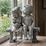 Girl and Boy Sitting on Bench Statues, Fisrt Kiss Sculpture Figurine Decoration for Yard Patio Porch Indoor Outdoor Lawn Bookshelf, 8 1/4" L x 4 3/4" W x 9" H