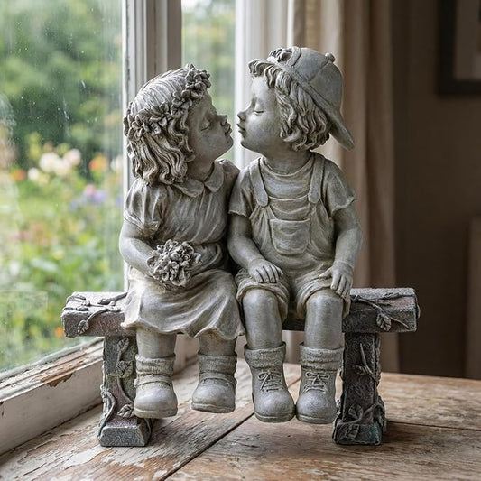 Girl and Boy Sitting on Bench Statues, Fisrt Kiss Sculpture Figurine Decoration for Yard Patio Porch Indoor Outdoor Lawn Bookshelf, 8 1/4" L x 4 3/4" W x 9" H