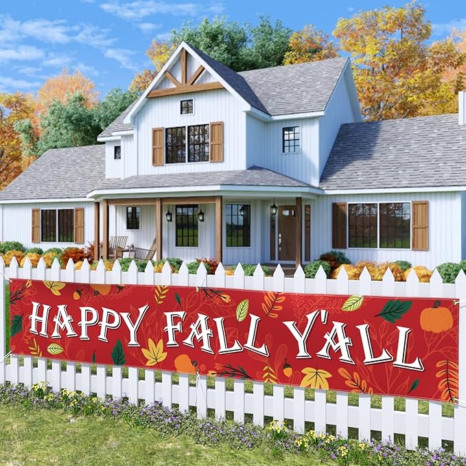 Probsin Happy Fall Banner 120"x 20" Decorations Outdoor Thanksgiving Decor Autumn Party Supplies Maple Leaves Happy Fall Y'all Holiday Harvest Welcome Hanging Backdrop for Garden Fence Yard Lawn Porch