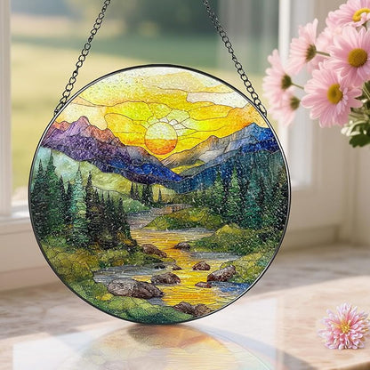 8-Inch Stained Glass Ornament, Nature Suncatchers for Window Hanging, Window Hanging Decor Suncatcher, Mountain Range Ornament | Holiday, Mother’s Day, Christmas, Housewarming | Gifts for Mom &Friend