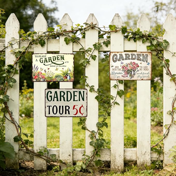 Garden Signs for Outside Personalized Metal Welcome Garden Tin Sign Farm Decor Vintage Garden Tour 5 Cents Sign Wall Art Decorative Outdoor Funny Gardening Signs for Home 8x12 Inch