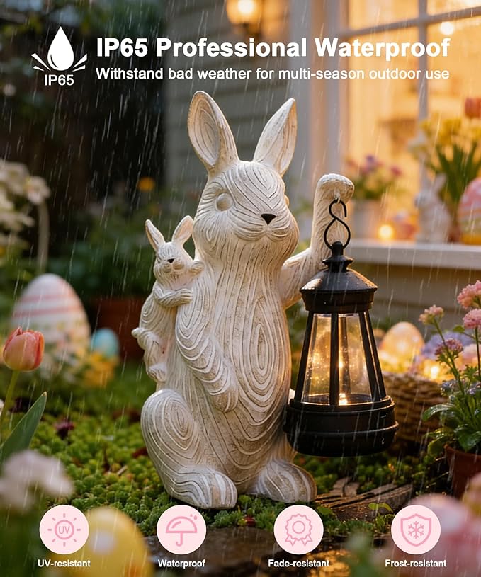 Nacome Solar Bunny Outdoor Garden Statues: Outside Decor with Lantern for Yard Art Lawn Ornaments Porch Patio Balcony - Birthday Gifts for Mom Women Grandma