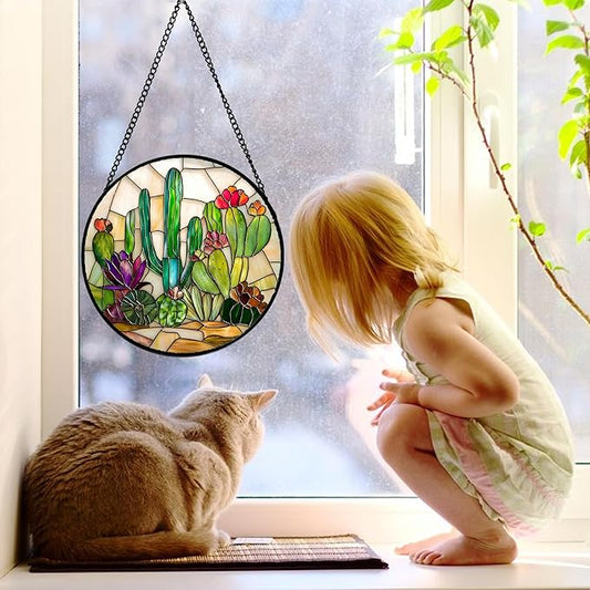 DASTOLL Stained Glass Window Hanging, White Green Cactus Suncatcher Diamond Glass Panel Hangings Sun Catchers Decor for Birthday for Women, Men, Wife, Aunt, and Mom 6.3 in