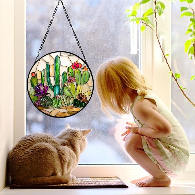 DASTOLL Stained Glass Window Hanging, White Green Cactus Suncatcher Diamond Glass Panel Hangings Sun Catchers Decor for Birthday for Women, Men, Wife, Aunt, and Mom 7.8 in