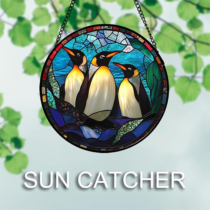CHATYOUNG Stained Glass Window Hanging Blue Ocean Penguin Landscape 6.3" - Fine Suncatcher Door Garden Sun Catcher Decor Birthday Christmas for Mom Woman Nana Friend Men Wife