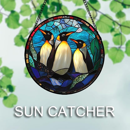 CHATYOUNG Stained Glass Window Hanging Blue Ocean Penguin Landscape Large 11.8" - Fine Suncatcher Door Garden Sun Catcher Decor Birthday Christmas for Mom Woman Nana Friend Men Wife