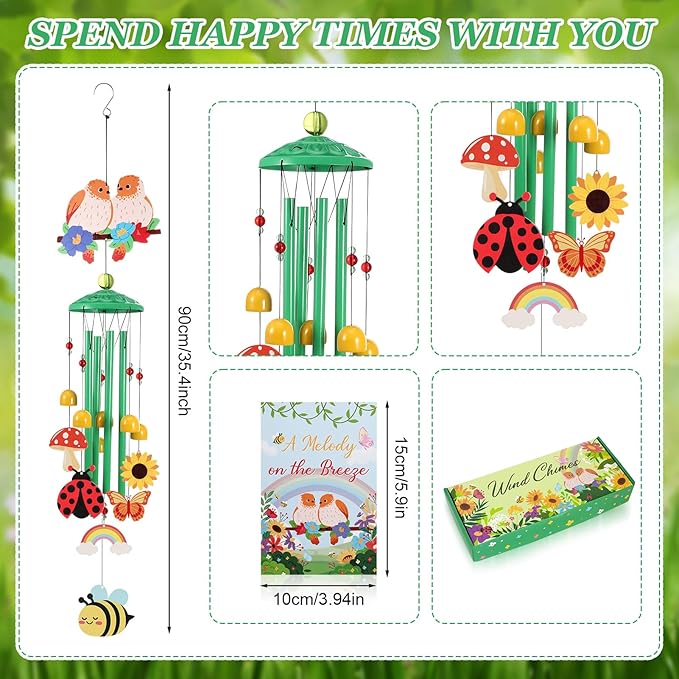 Green Hummingbird Wind Chimes for Outside Holiday Decor with Rainbow,Butterfly,Bee,Ladybug and Gift Box Metal Wind Chime for Porch Garden Patio