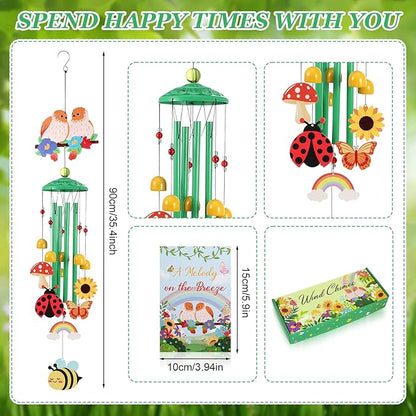 Green Hummingbird Wind Chimes for Outside Holiday Decor with Rainbow,Butterfly,Bee,Ladybug and Gift Box Metal Wind Chime for Porch Garden Patio