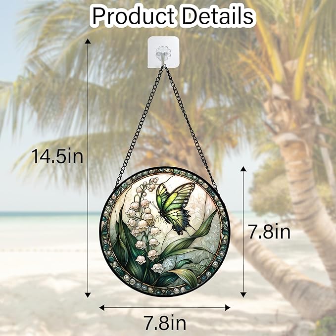 DASTOLL Stained Glass Window Hanging, Lily of the Valley Flower Butterfly Suncatcher for Doors Home Sun Catchers Decoration and Christmas, Mother's Day Birthday Gifts for Women, Men, Mom 7.8 in